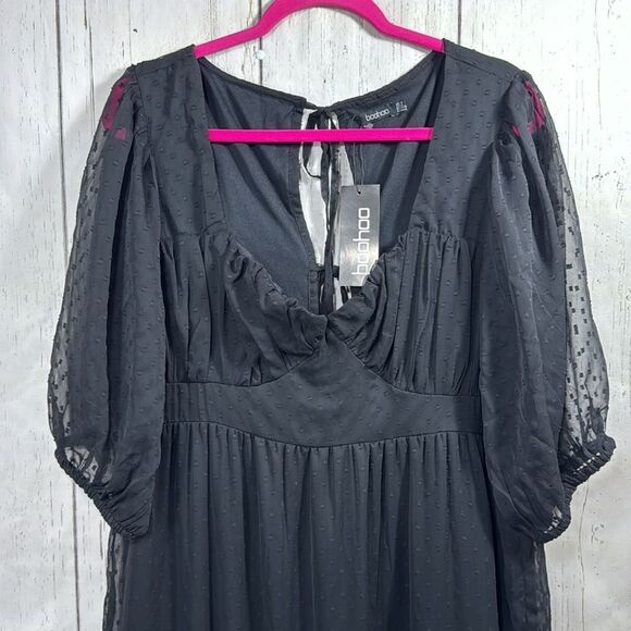 Boohoo Black Swiss Dot Mesh Puff Sleeve Maxi Dress Gothic Cottagecore Boho - Picture 3 of 15